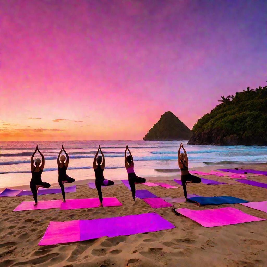 Инструктор ведет утренний пляжный йога-класс на восходе солнца
