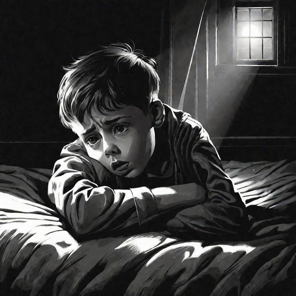 Испуганный мальчик сидит один сжавшись в темной комнате. Он плотно запахнут одеялом до подбородка, а глаза широко раскрыты от страха. Единственный источник света - лунный свет, проникающий в окно и создающий драматичные тени.