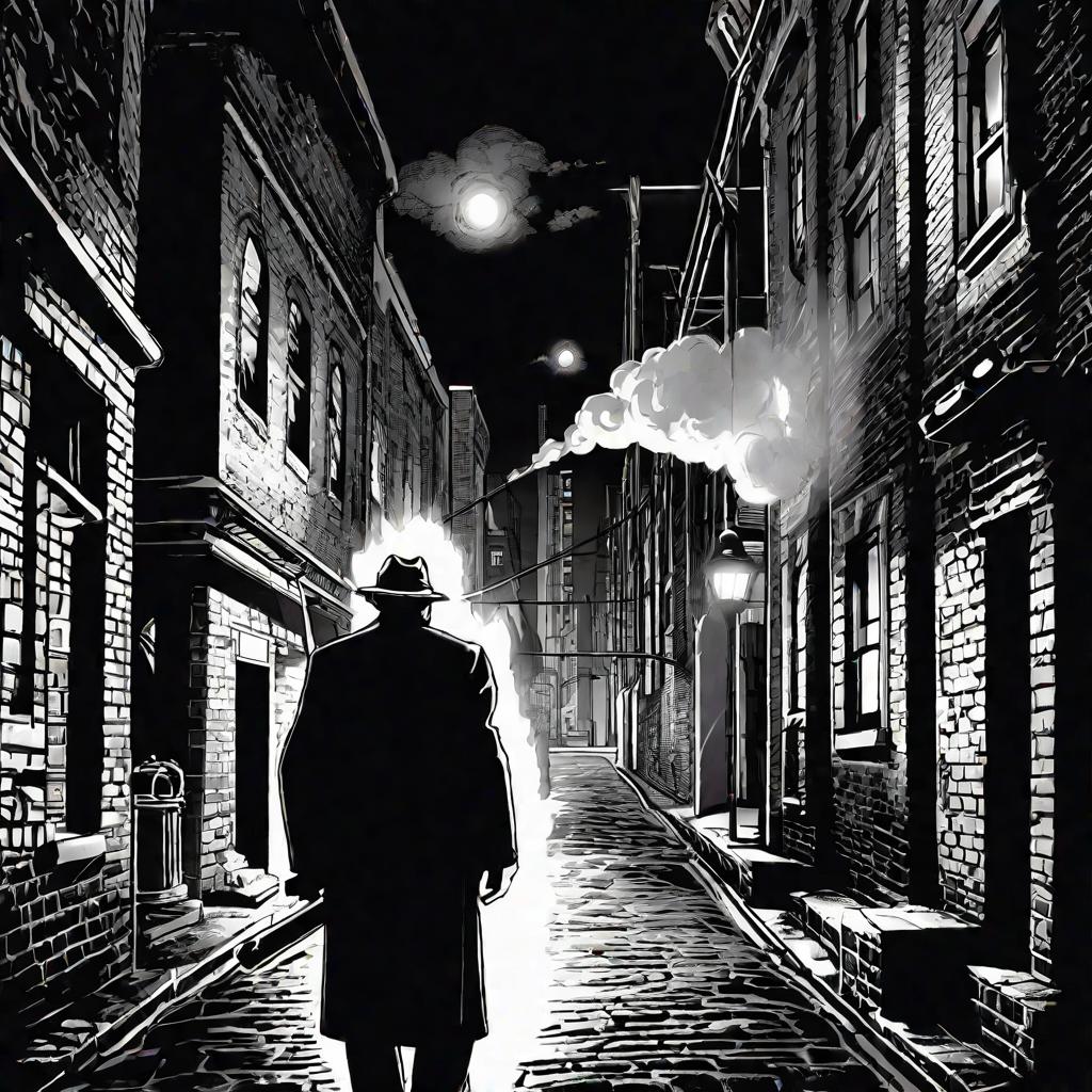 Пожилой мужчина идет по темному переулку ночью. Его окружают высокие кирпичные здания, а с улицы поднимается пар. Переулок сужается в перспективе вдали. Мужчина выглядит нервным, озираясь по сторонам и держа в руке фонарик.