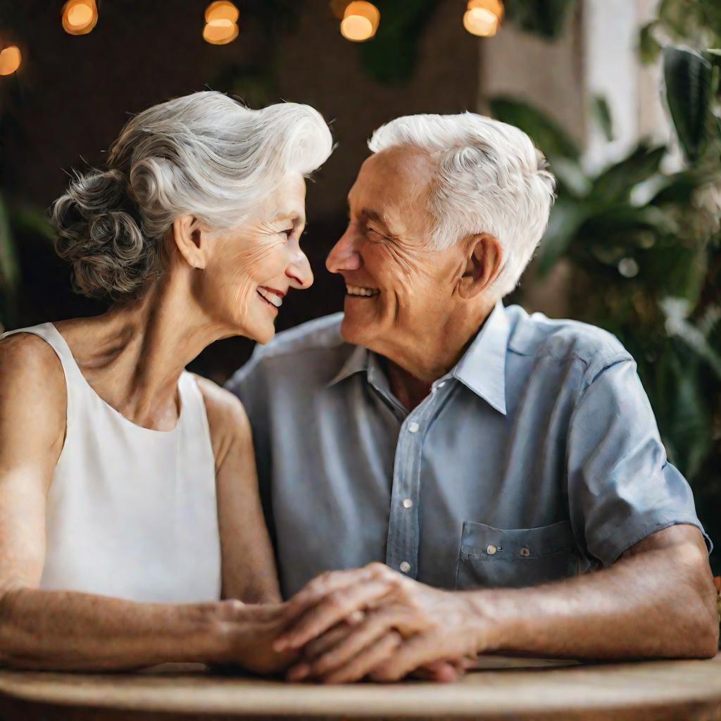 Портрет пожилой пары, держащейся за руки и смотрящей друг на друга с любовью