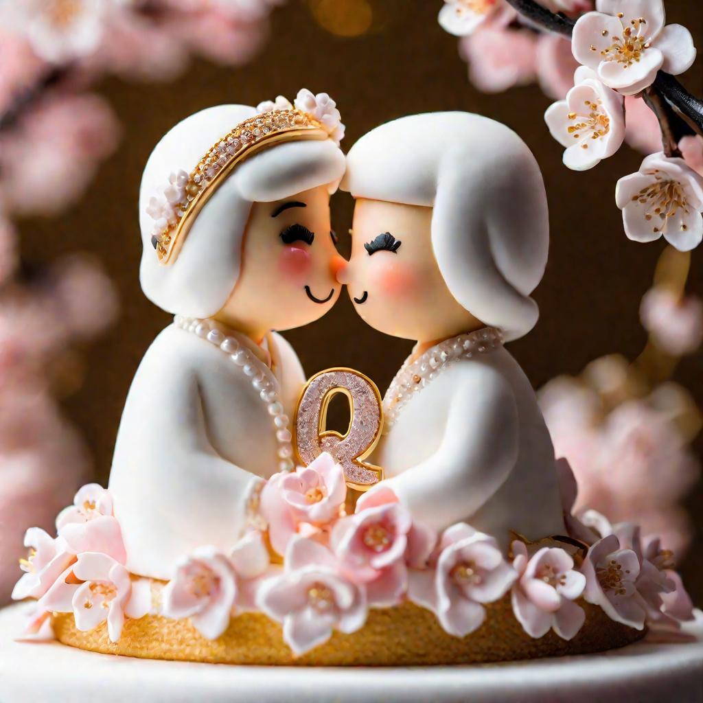 Свадебный торт с фигурками жениха и невесты, украшенный цветами и числом 53