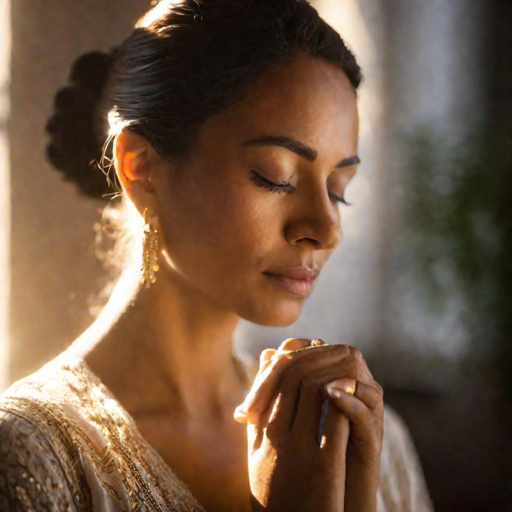 Женщина молится с закрытыми глазами