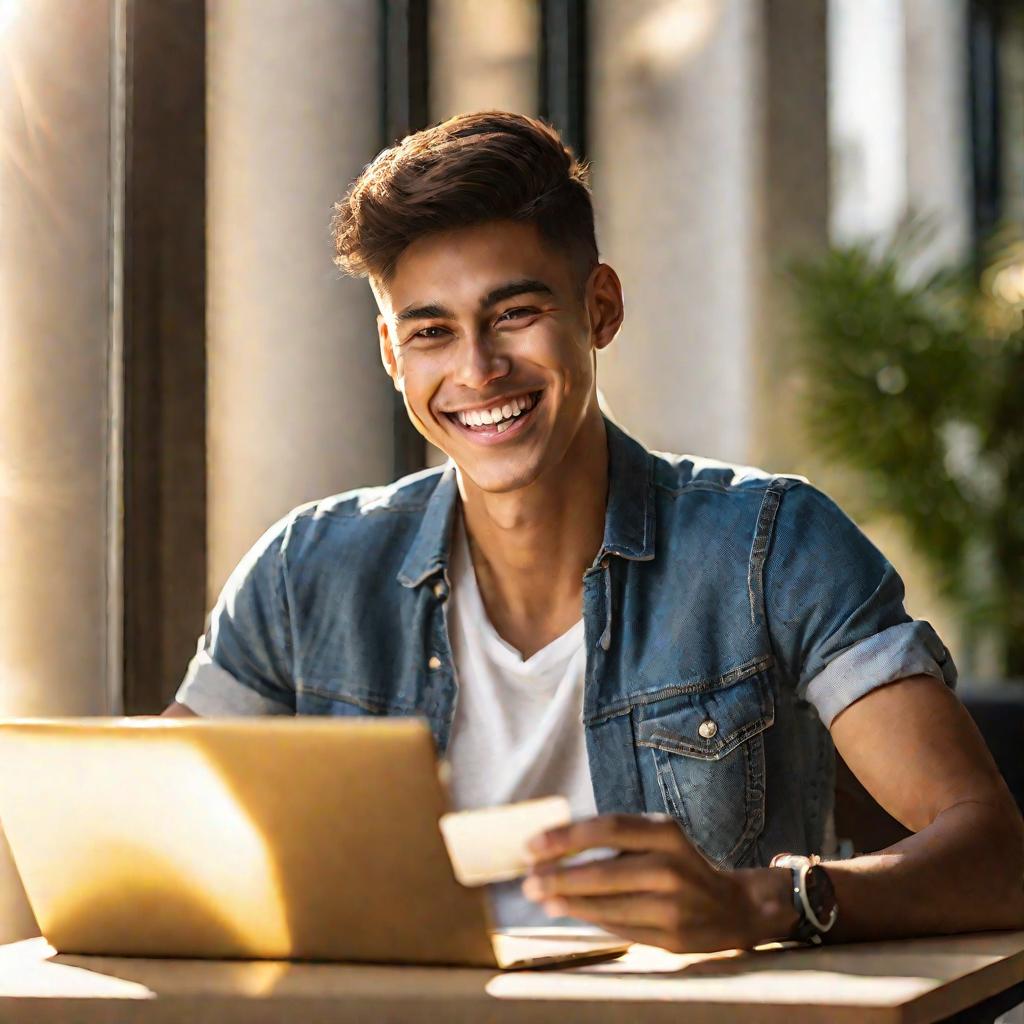 Портрет молодого улыбающегося мужчины за столом с кредитной картой в руках