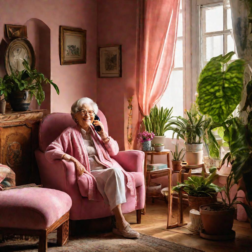 Тепло освещенный уютный интерьер гостиной с пожилой женщиной, улыбающейся во время телефонного разговора.
