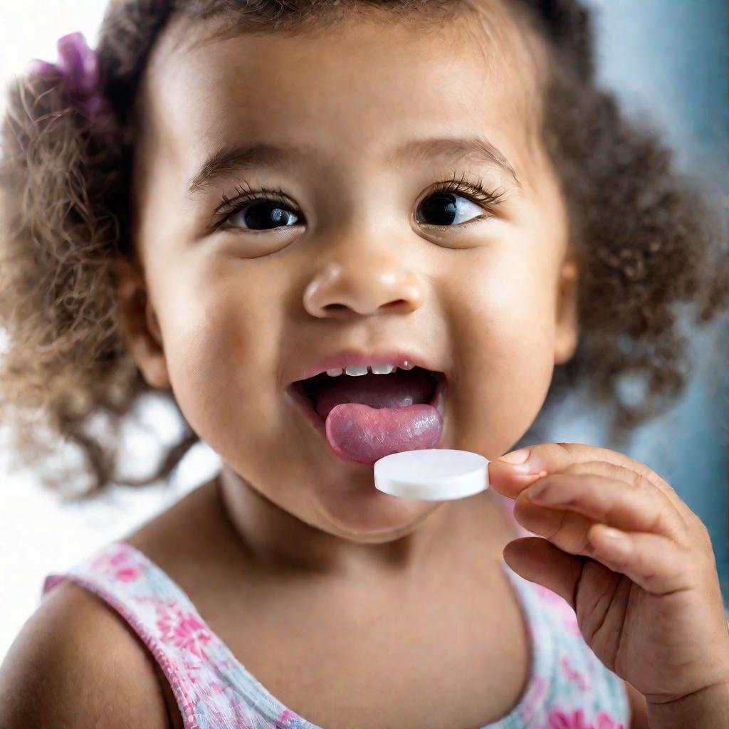 Девочка держит таблетку глицина на языке