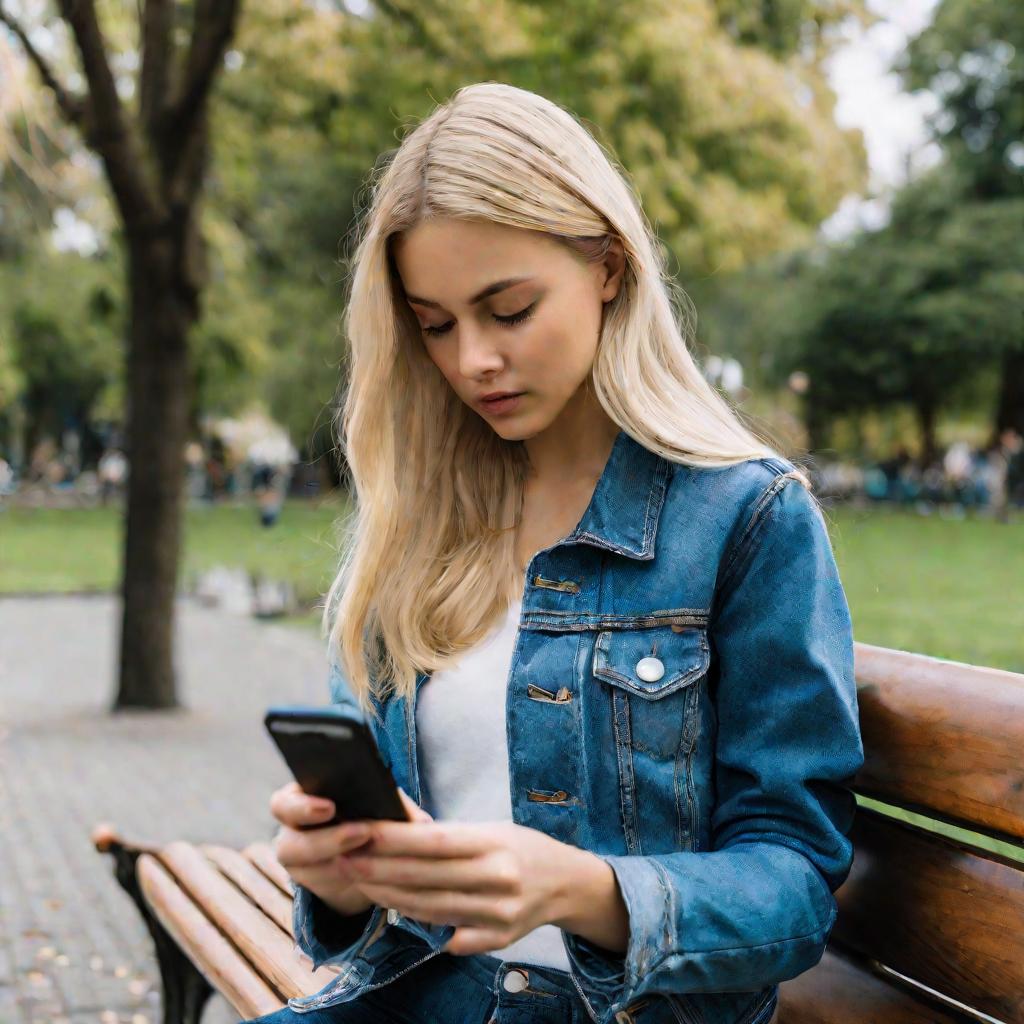 Девушка сидит на скамейке в парке и смотрит в телефон