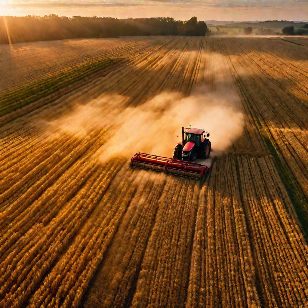 Вид сверху на обширное пшеничное поле на восходе солнца с трактором, уезжающим по проселочной дороге.