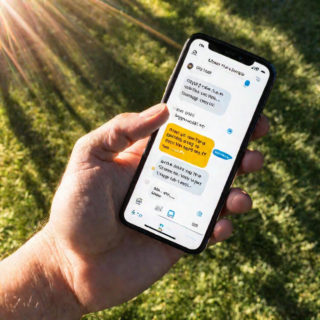 Вид сверху на руку, держащую смартфон с открытым приложением. На экране видны опции для отправки бесплатного текстового сообщения. На руку падает солнечный свет.