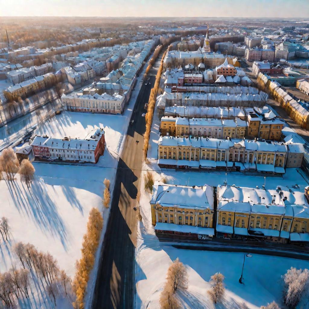 Вид Томска с высоты в зимнее утро. Октябрьский район в снегу. Мирное настроение.