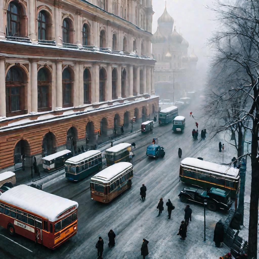 Вид сверху на оживленную улицу в центре Москвы в холодное, туманное зимнее воскресное утро. Улица заполнена машинами, автобусами и спешащими по тротуарам пешеходами, закутанными от холода. На переднем плане мужчина смотрит на часы, ожидая в очереди у вход