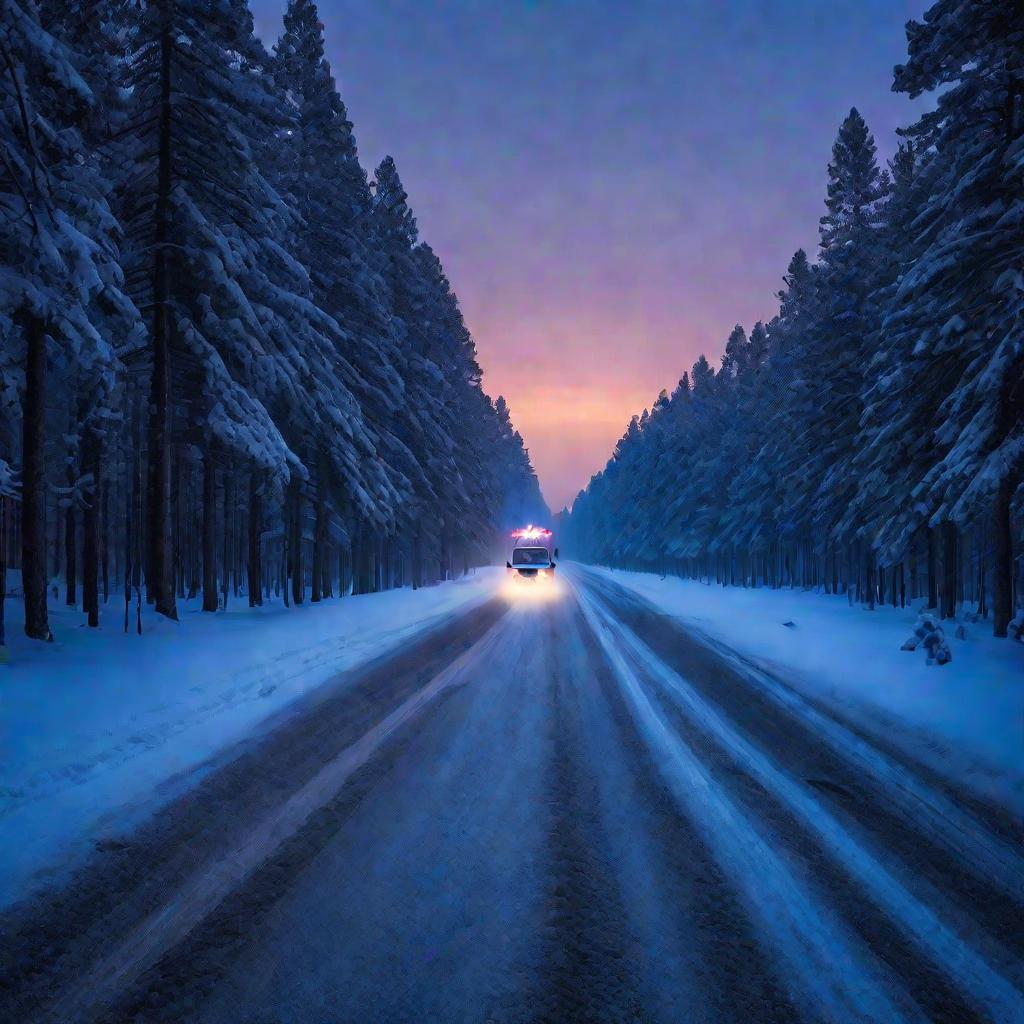 Дальний план одинокой дороги в сосновом лесу на закате. Идет легкий снег, создавая эффект размытого синего освещения сумерек. Вдали машина скорой помощи едет к камере с мигалками, прорываясь сквозь дымчатую синюю атмосферу.