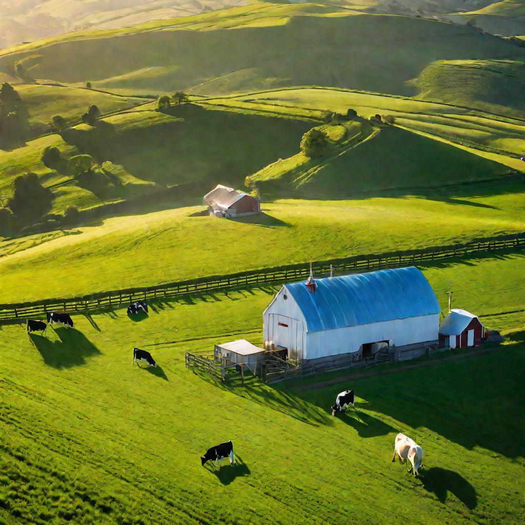 Вид с высоты молочной фермы весной, с ярко-зелеными травянистыми холмами, усыпанными мирно пасущимися дойными коровами. На переднем плане фермер в красной рубашке и джинсах идет с металлическим ведром, собирая свежую молочную сыворотку, стекающую из сырно