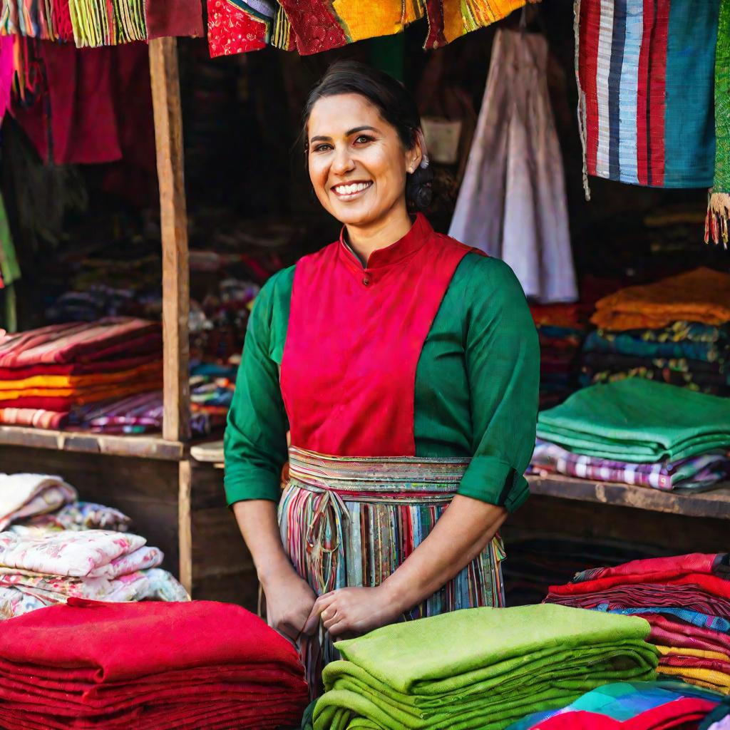 Портрет улыбающейся продавщицы в красной рубашке на фоне разноцветных тканей
