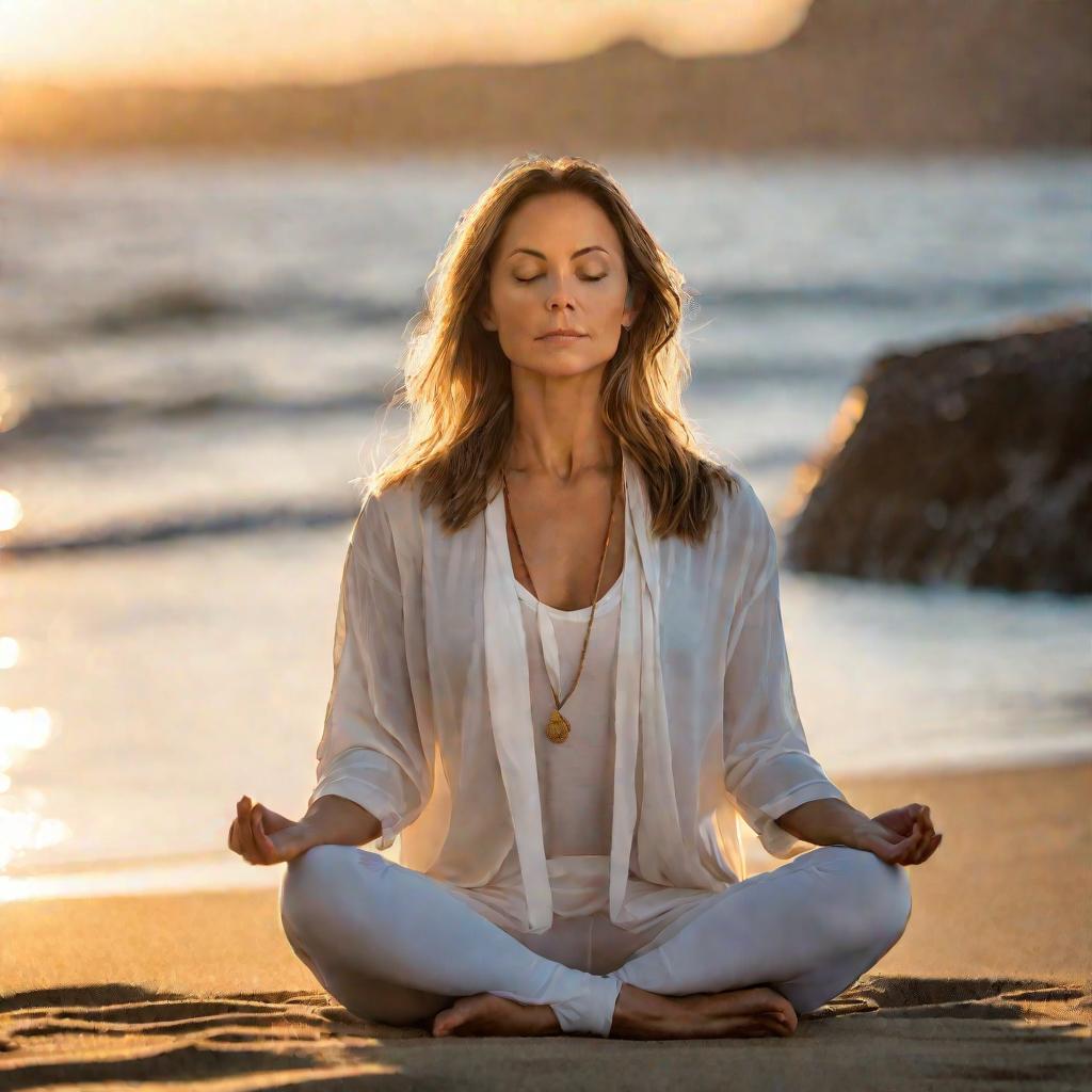 Женщина медитирует на рассвете