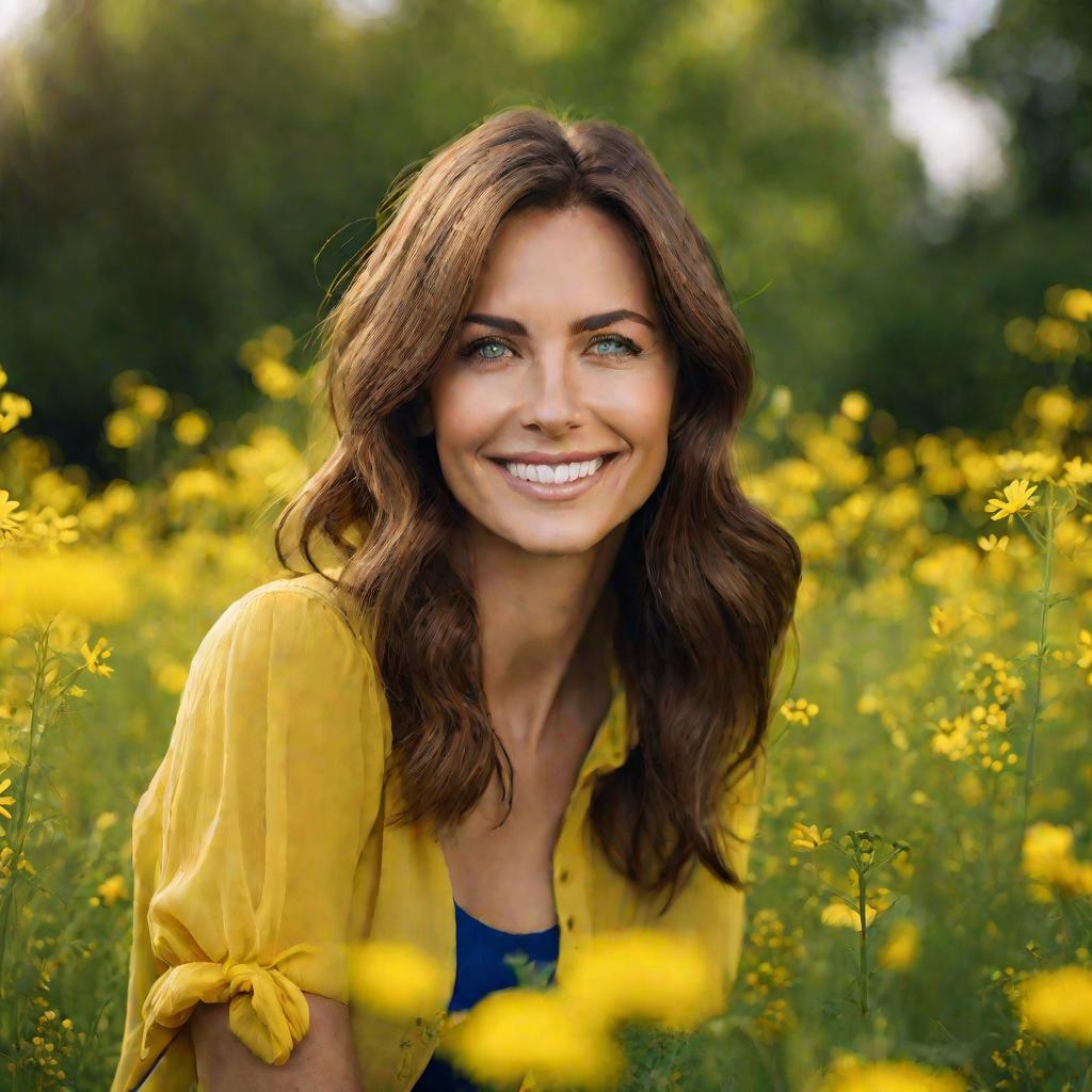 Портрет улыбающейся женщины в желтой рубашке на летном лугу.