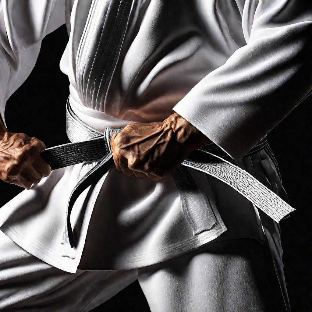 детально руки завязывают традиционный пояс для каратэ