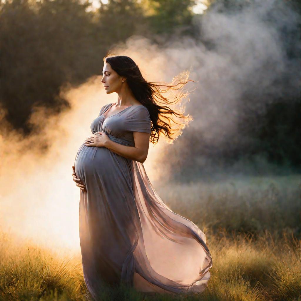 Портрет беременной женщины с рукой на животе.