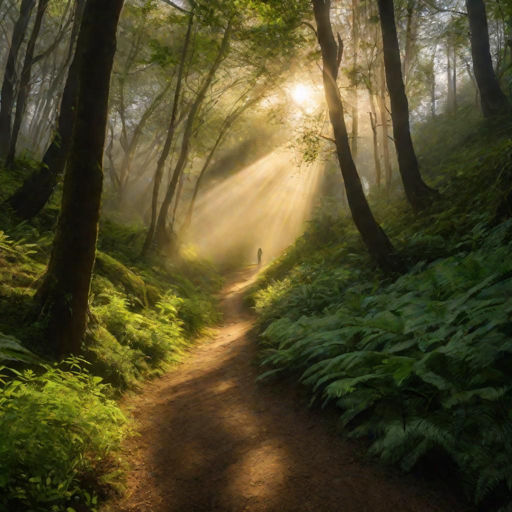 Одинокий человек идет по лесной тропинке на рассвете