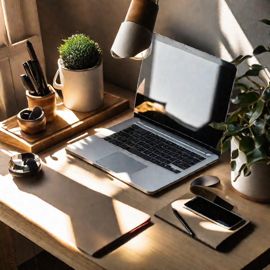 Широкий вид сверху на рабочий стол с ноутбуком, смартфоном, блокнотом, ручками. Солнечный свет проникает в окно, выделяя предметы эффектом подсветки, в уютном домашнем офисе.