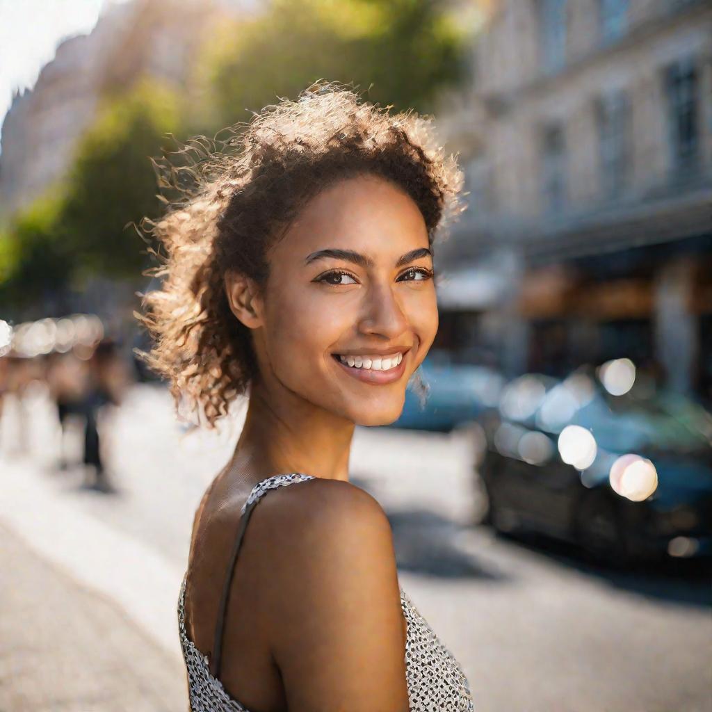 Крупный портретный кадр молодой женщины, смотрящей в камеру и улыбающейся, на улице города в солнечный летний день.