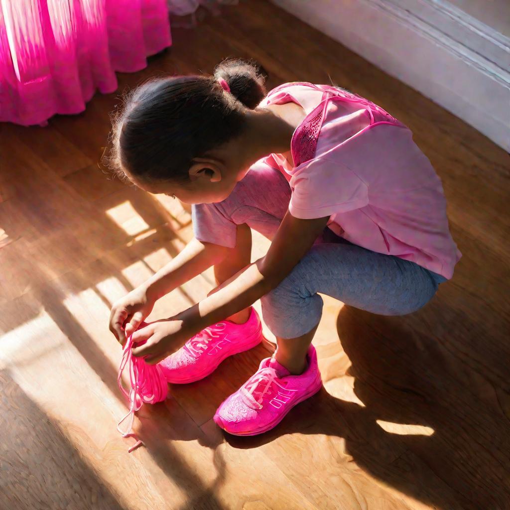 Девочка сидит на полу, завязывая сложный узор на розовых кроссовках в лучах утреннего солнца из окна