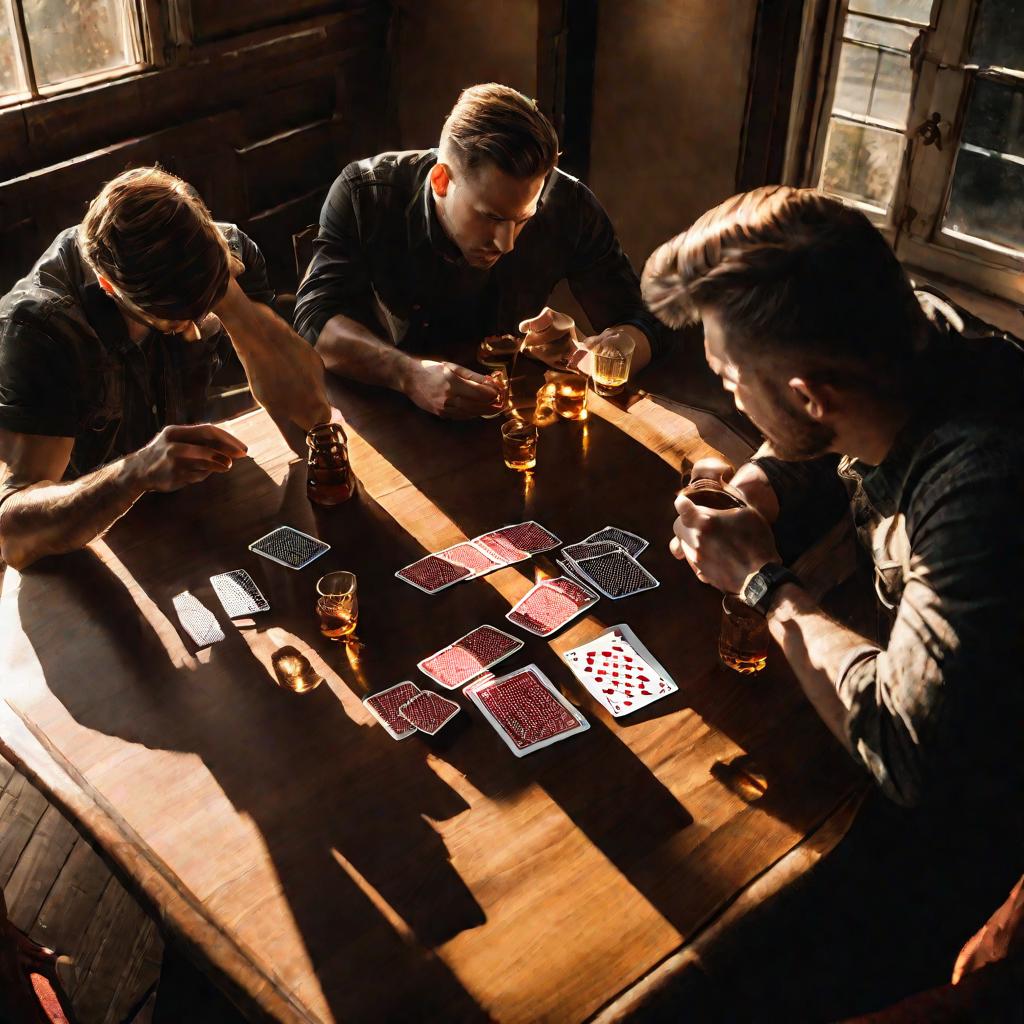 Два мужчины играют в карты за столом в лучах солнца