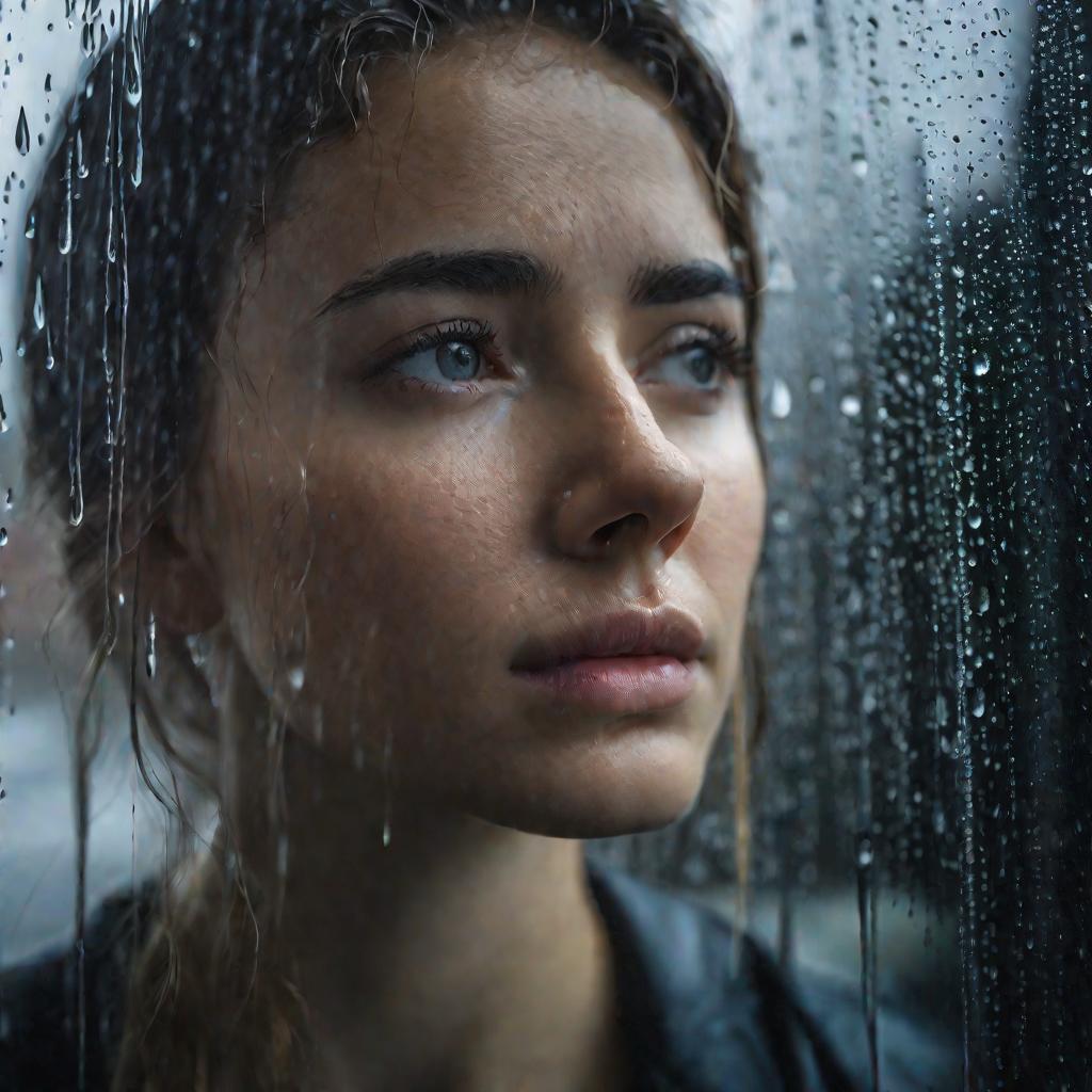 Грустная девушка смотрит в окно в дождливый день