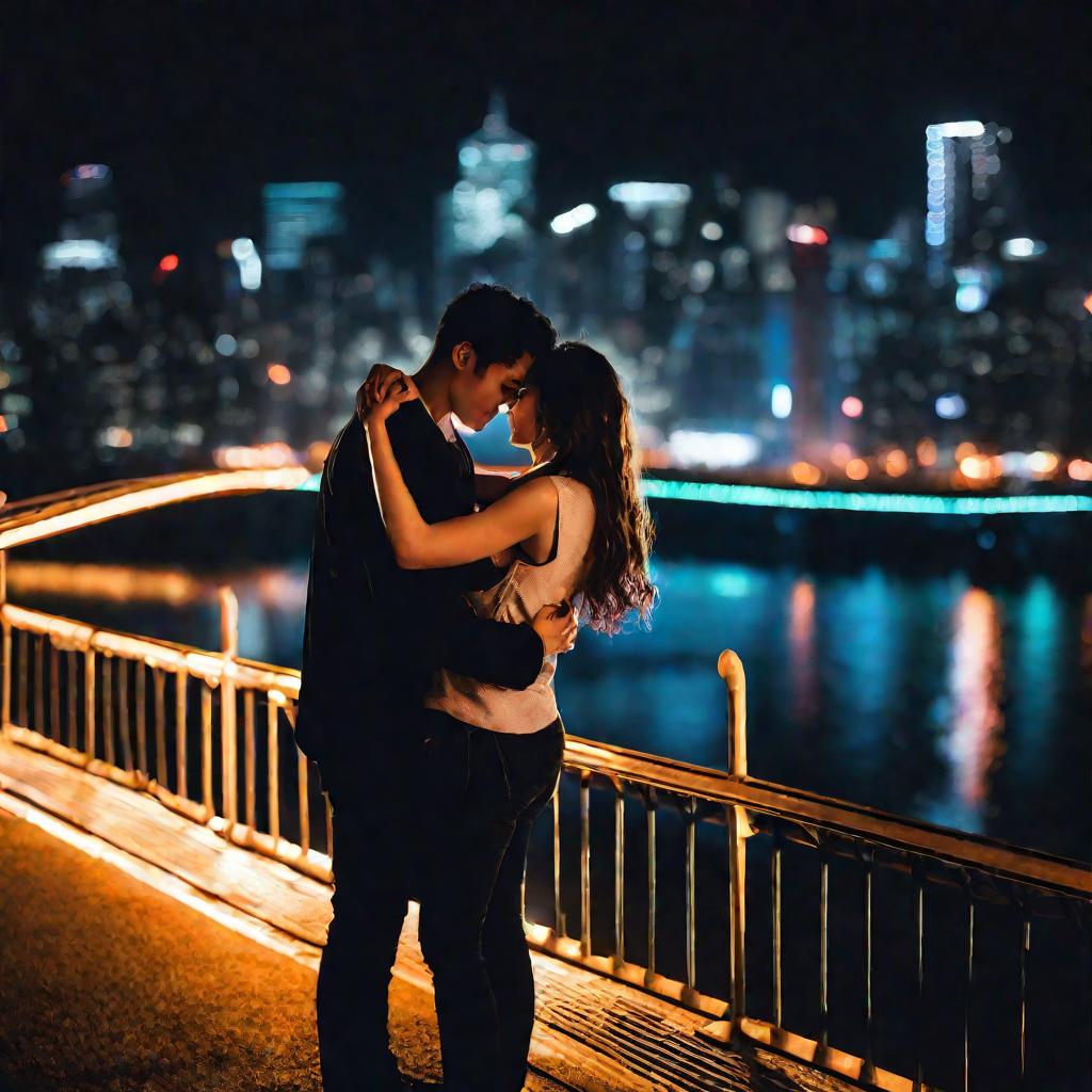 Парень и девушка обнимаются на мосту ночью на фоне огней города