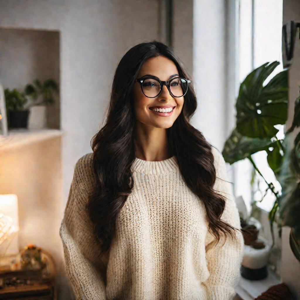 Модная блогерша в очках и свитере улыбается в камеру