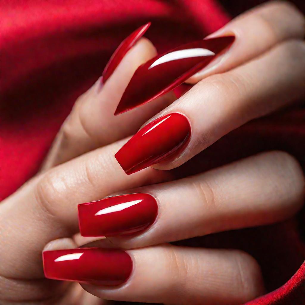 Женщина демонстрирует идеальные длинные наращенные ногти квадратной формы ярко-красного цвета.