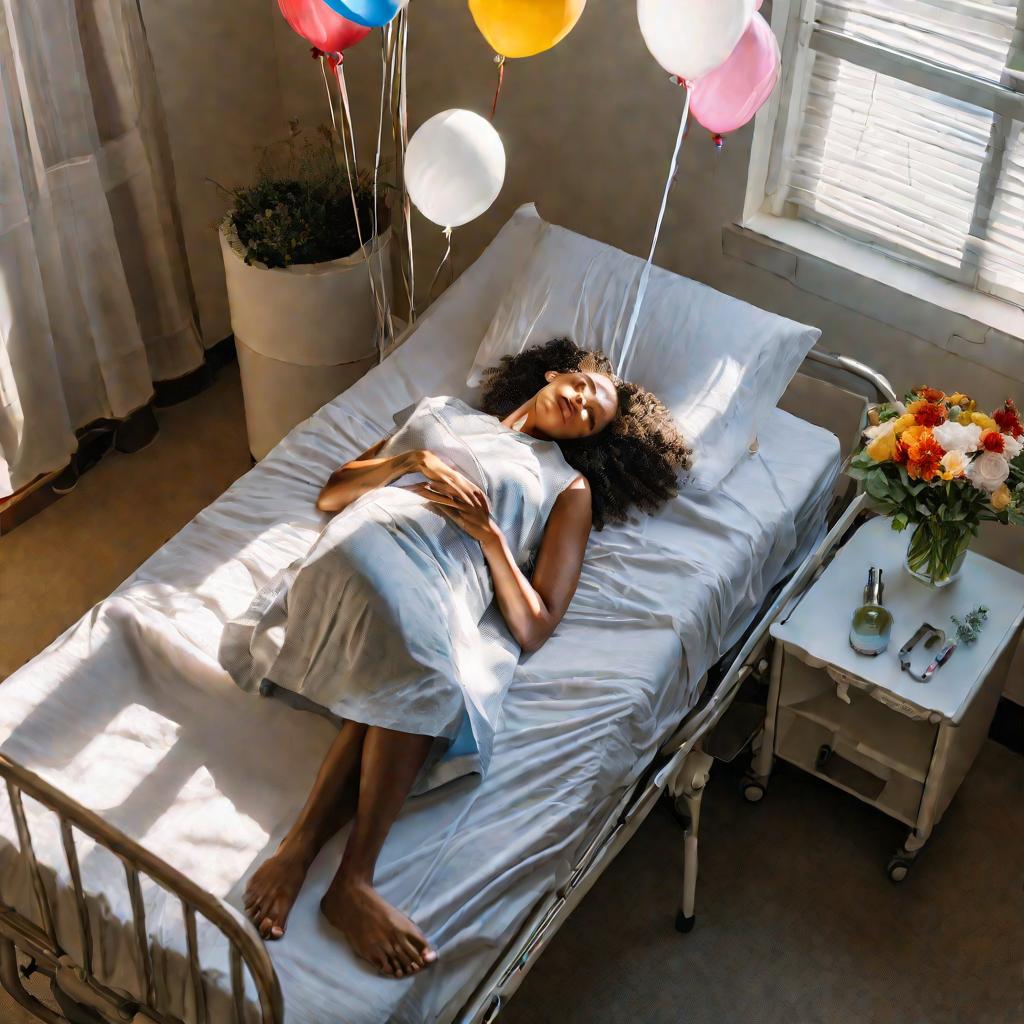 Сверху видна женщина, лежащая в больничной кровати в светлой палате. Она спит, к ее руке подключен капельниц. У изголовья цветы и воздушные шары.