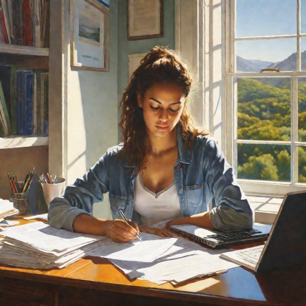 Портрет молодой женщины, заполняющей налоговую декларацию онлайн дома в солнечный осенний день