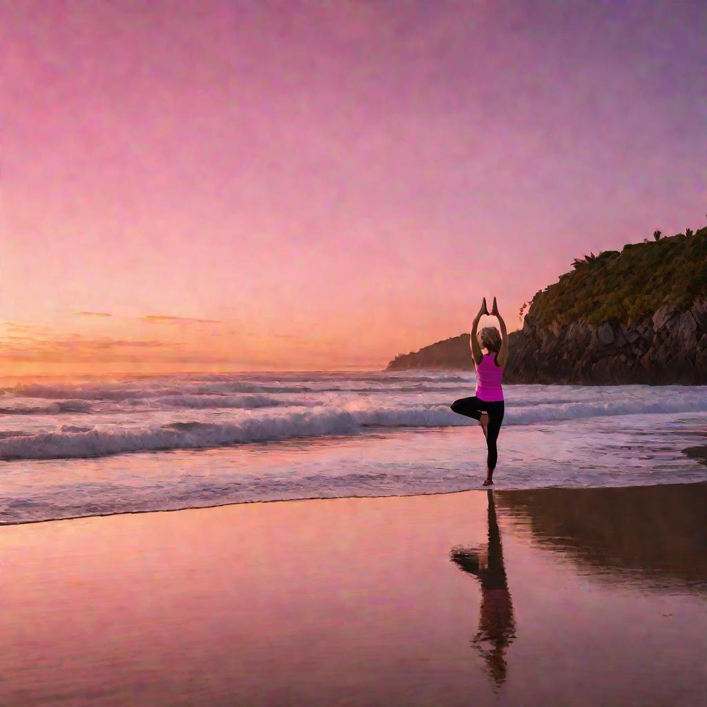 Женщина делает йогу на пляже на рассвете