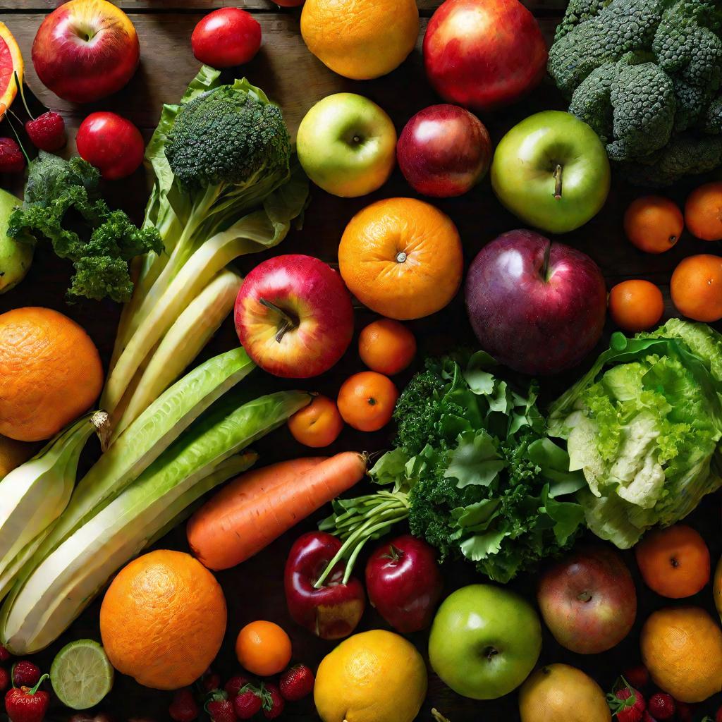 Свежие фрукты и овощи на столе