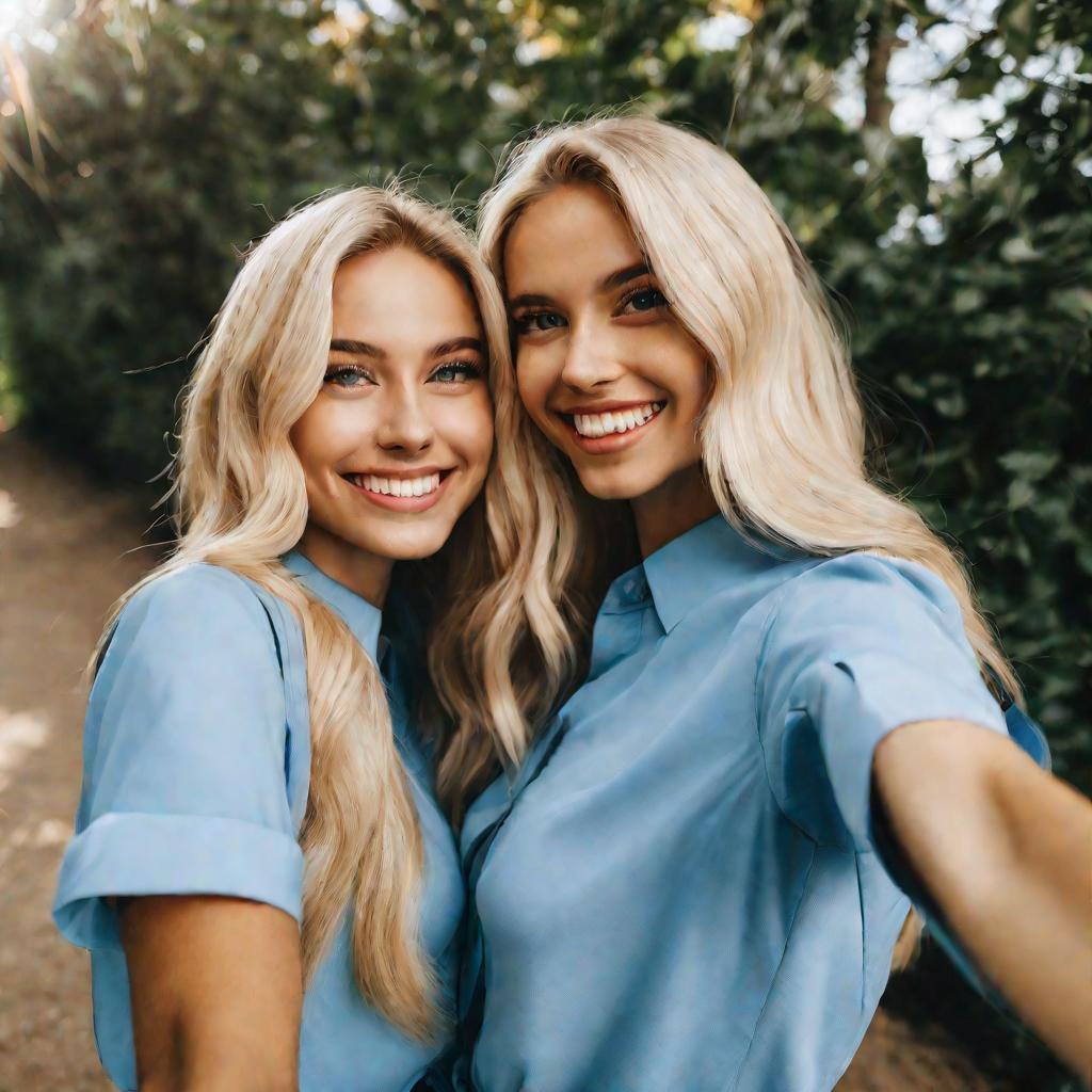 Селфи двух девушек-блондинок в голубых рубашках