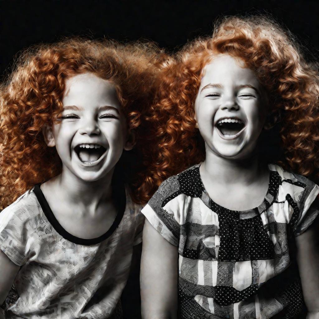 Двойная экспозиция двух одинаковых девочек с кудрявыми рыжими волосами