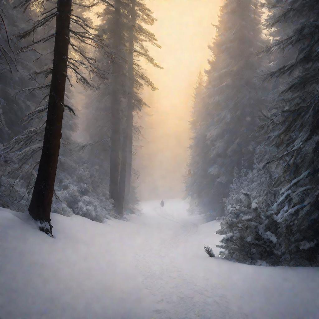 Драматичная зимняя сцена в туманном лесу с высокими покрытыми снегом соснами и извилистой тропинкой, уходящей в мистический лес. Мягкий утренний свет просачивается сквозь туман и окрашивает снег в золотистый. Одинокий человек идет по тропинке, лишь темный