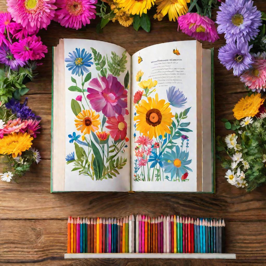 Детская книга с картинками и цветными карандашами на столе
