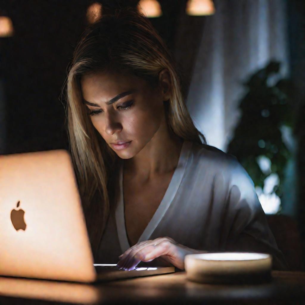 Женщина меняет данные Apple ID на ноутбуке