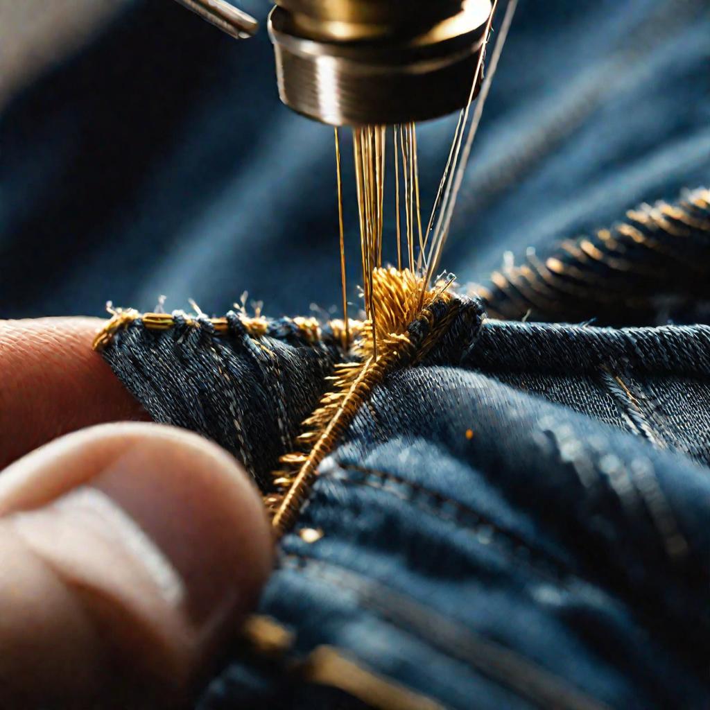 Игла с золотой ниткой в деталях зашивает дырку на джинсах в теплом свете окна