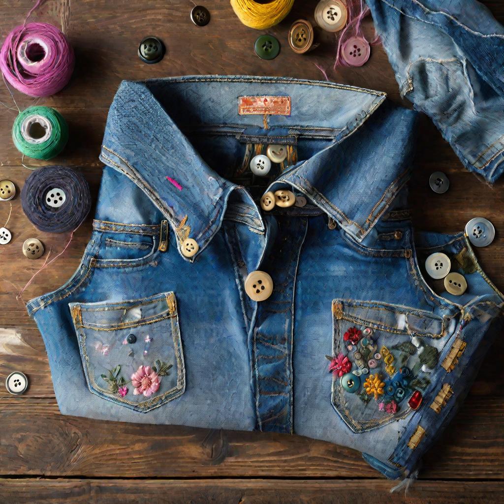 Разноцветные нитки и заплатки превращают дыры на джинсах в веселую вышивку на деревянном столе