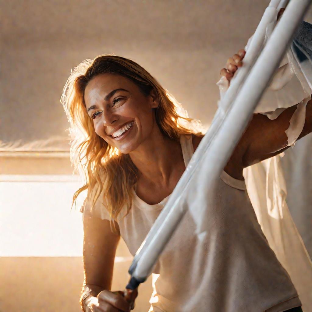 Крупный план женщины, стоящей на лестнице, улыбающейся во время протирки мокрой тряпкой белого глянцевого натяжного потолка