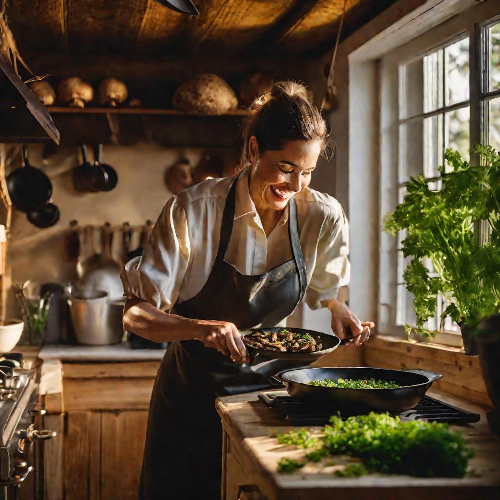 Женщина посыпает жареные маслята зеленью на кухне