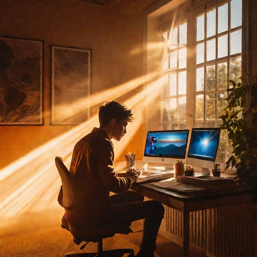 Задумчивый молодой человек сидит за ноутбуком в лучах закатного солнца.