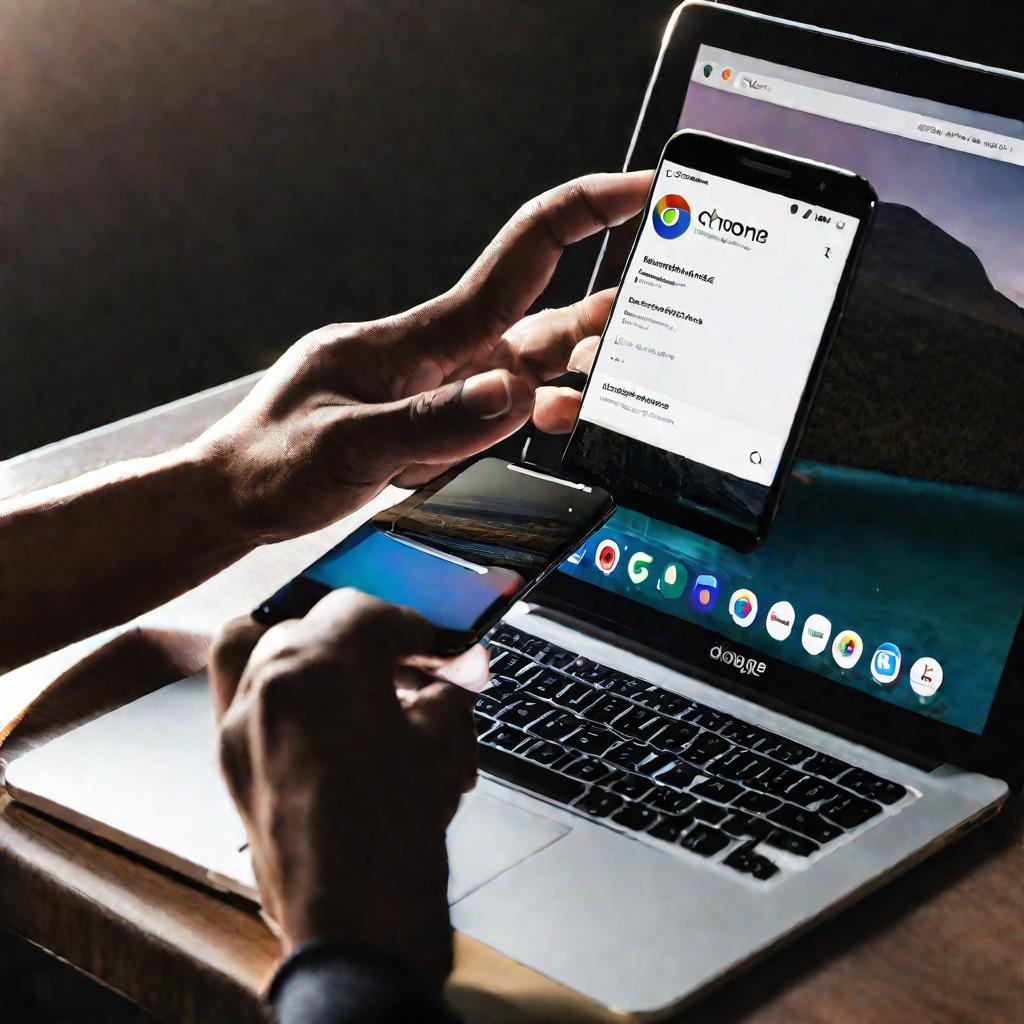 Сверху крупным планом сняты руки мужчины, держащего смартфон с открытым приложением Chrome, рядом с ноутбуком, на котором отображается сообщение об ошибке обновления Chrome. Драматическое освещение создает напряженное настроение. Мужчина выглядит сосредот
