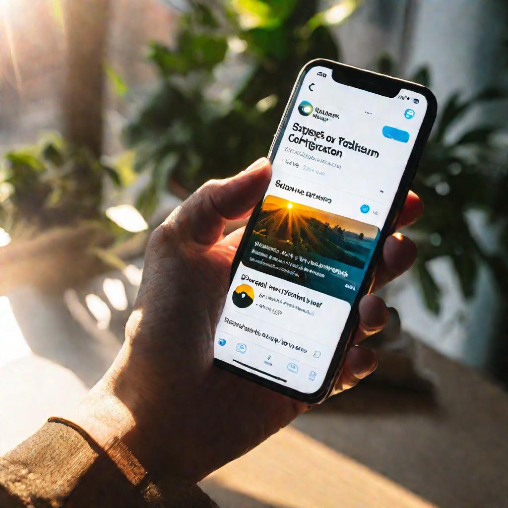 Драматичный вид сверху на руку, держащую современный смартфон с открытым приложением Telegram на экране, где показана страница премиум-подписки. Через близлежащее окно проникает солнечный свет, освещая экран. Фон мягко размыт.