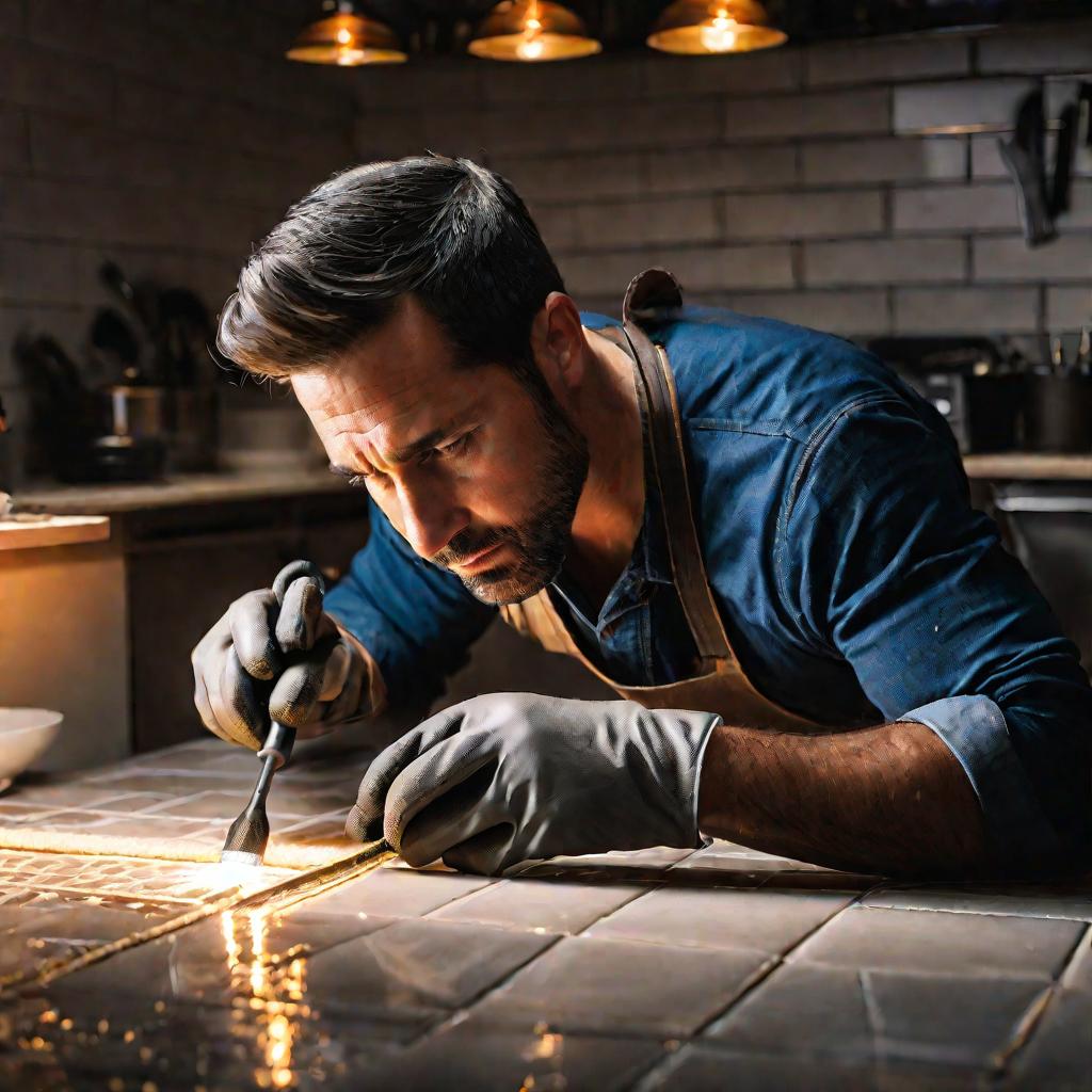 Портрет мужчины лет 30, затирающего швы между керамической плиткой на кухонном полу