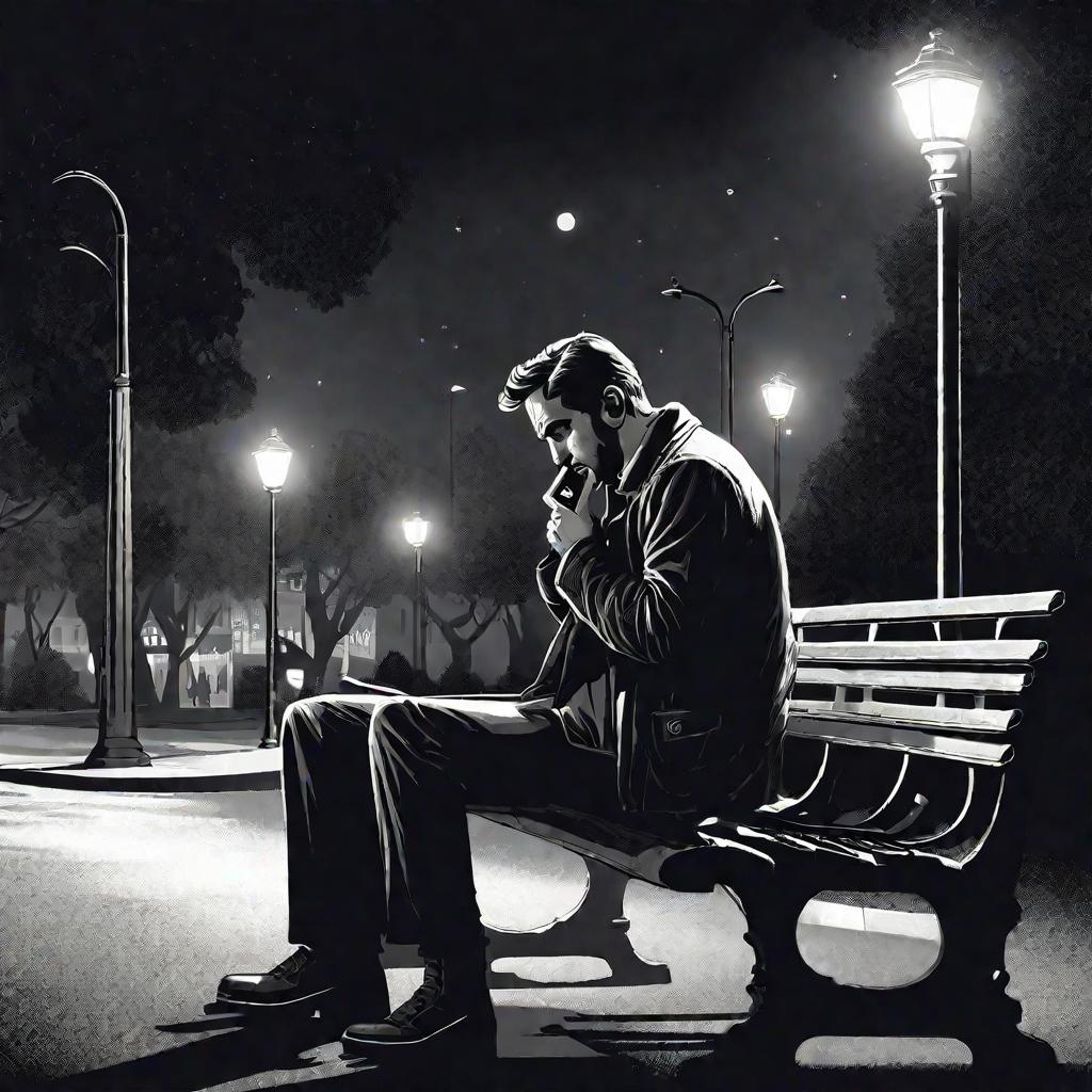 Мужчина ночью звонит по телефону на скамейке в парке