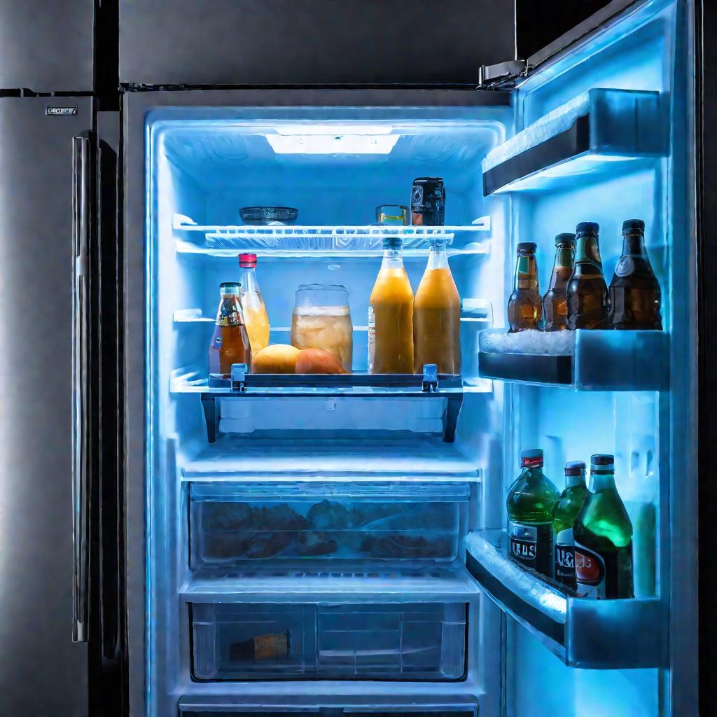 Внутренность холодильника в синем свете, со льдом на стенках - признак неисправного уплотнителя