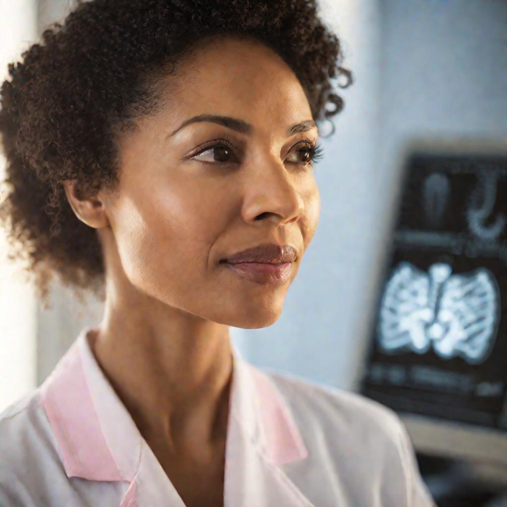 Женщина смотрит на врача с умиротворенным выражением лица после получения хорошего результата маммограммы